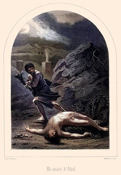 Vintage engraving of showing a scene from the Old Testament, Cain killing his brother Abel. 1846