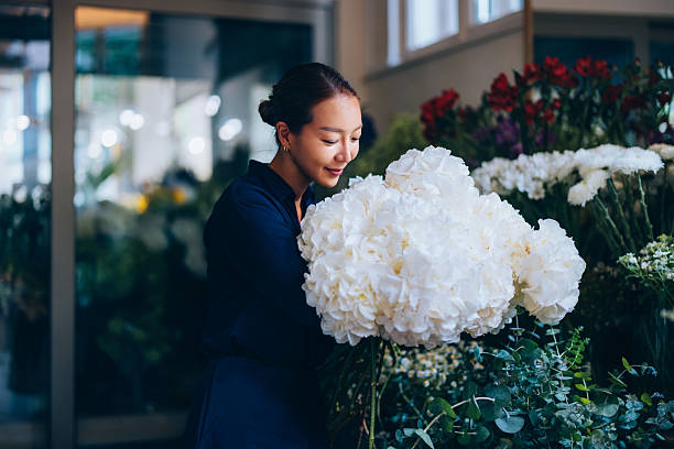 Florist Arranging White Hydrangeas in a Floral Shop Surrounded by Blooms