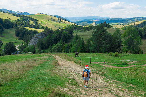 An active senior woman is seen walking alone along a scenic forest path surrounded by lush greenery and mountains. Carrying a backpack and a water bottle, she enjoys a peaceful solo hike in nature.