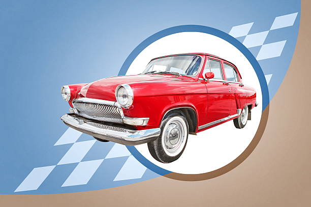 istock red retro car on blue beige background 2225053958