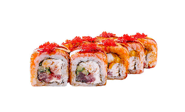 Delicious sushi rolls on display with vibrant colors and fresh ingredients