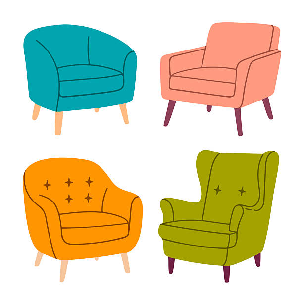 Set of armchairs featuring pink, green, teal, and orange seats