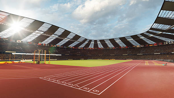 istock Running track in 3D stadium with bright sun and cheering audience 2225070066
