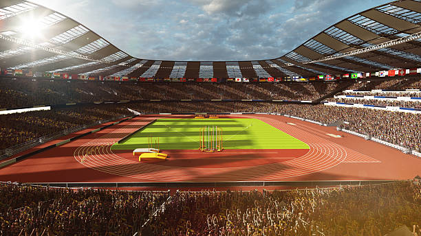 istock Crowded 3D stadium with waving fans and sunlit athletic field 2225070072