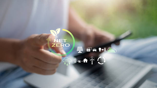 istock Hand pointing at Net Zero icon with renewable energy and carbon reduction symbols. Concept of sustainability, clean energy, carbon credit, and environmental technology. 2225072927