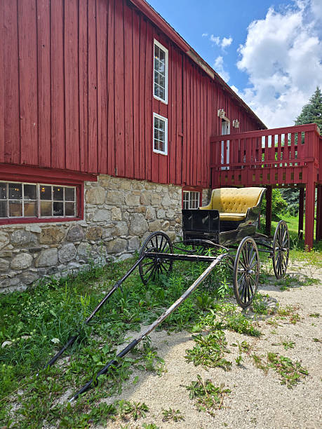 istock Red Barn with Historic Horse Carriage in Rural Setting 2225074713