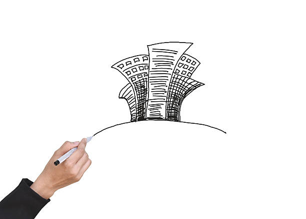 female hand drawing city on white background for design your work.