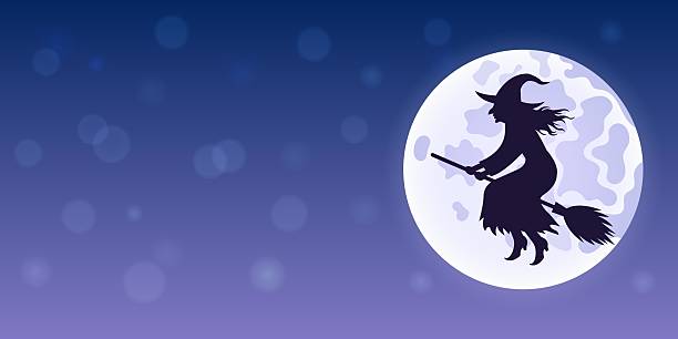 istock Vector illustration of a poster or banner with moon and witch, blue background with bokeh effect and empty space for text. 2225084482