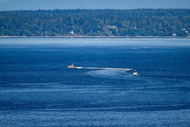 Seattle WA, USA - July 11, 2025:  Boats explore Elliott Bay on a sunny summer day.