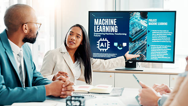 istock Machine learning, business people and discussion with ai, data scientist or cyber security with software update. Innovation, employees or tech expert in office, development or talking with specialist 2225086689