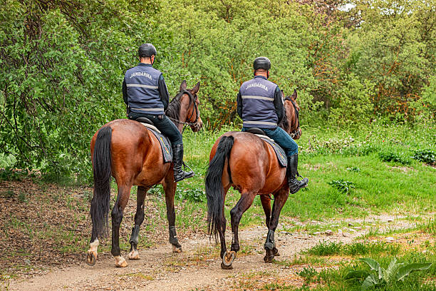 5 May 2025, Canakkale, Turkiye: Two gendarmes police mounted on horses are patrolling a park, ensuring security and maintaining order among trails
