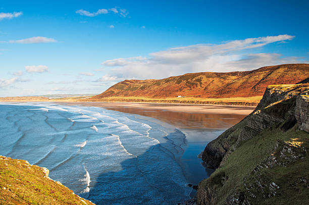 A sweeping view of Rhossili bay, Wales.. The ocean waves, bordered by steep cliffs and rolling hills, under a bright blue sky with white clouds, showcasing the dramatic beauty of the coastal landscape