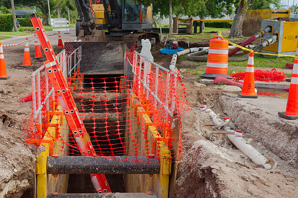 Construction Zone with Safety Measures and Pipeline Installation