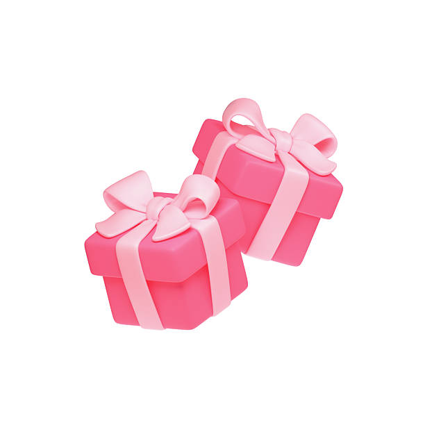istock 3d rendering of two stylized simple kawaii pink gift boxes wrapped with bow ribbon for cozy Valentine's Day floating in air. Colorful presents for anniversary, birthday, women's day, white background. 2225099225