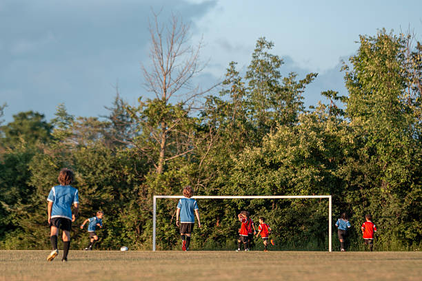 Engaging scene of children playing soccer on a sunny day in a natural outdoor field.