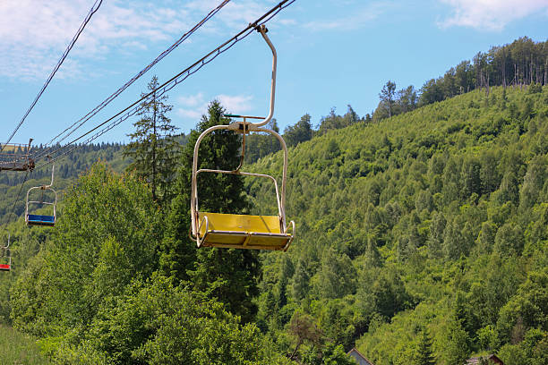 Empty chairlifts move above a dense green forest on a mountain slope under a blue sky. This picturesque summer landscape invites active recreation and enjoyment of nature in the mountains.