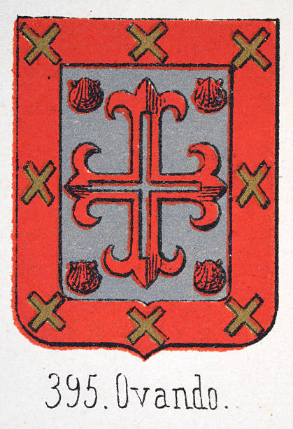istock Medieval heraldry, Coat of arms, Shield with, Red, Cross, Shells, Silver, Spanish, Vintage illustration 2225106159