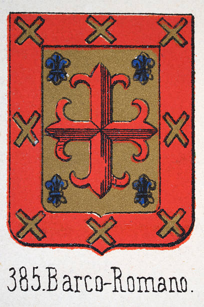 istock Medieval heraldry, Coat of arms, Shield with, Red, Cross, Gold, Blue, fleur de lis , Spanish, Vintage illustration 2225106234