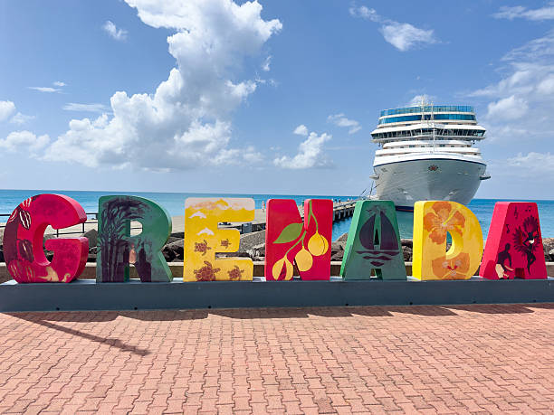 Oranjestad, Aruba - April 11, 2024: Oranjestad Harbour in Aruba, a close-up view from a cruise ship, showcases the city. Aruba is a stunning Caribbean island.