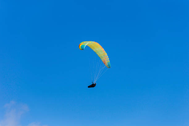 A paraglider glides gracefully in a bright blue sky, showcasing a vibrant yellow and green canopy. Below lies a breathtaking landscape, making for an unforgettable scene.