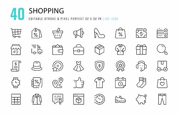 ilustraciones, imágenes clip art, dibujos animados e iconos de stock de conjunto de iconos de línea de compras. 40 elementos gráficos vectoriales de trazo editables, píxeles perfectos. para móvil y web. - compras