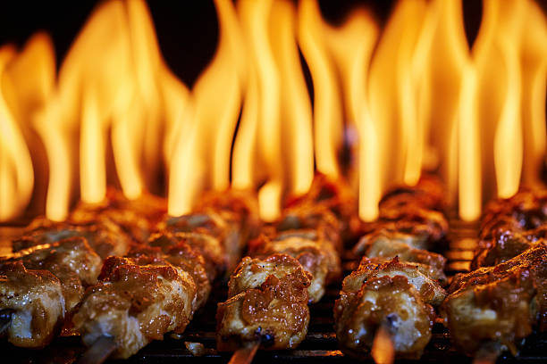 istock Chicken Skewers on BBQ Grill with Open Flames 2225110139