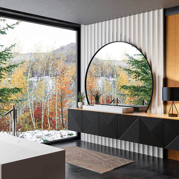 istock Modern Luxury Spa Bathroom Interior with Wood Paneling and Open View 2225111573