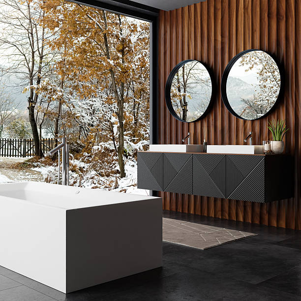 istock Modern Luxury Spa Bathroom Interior with Wood Paneling and Open View 2225111577