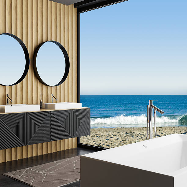 istock Modern Luxury Spa Bathroom Interior with Wood Paneling and Open View 2225111578