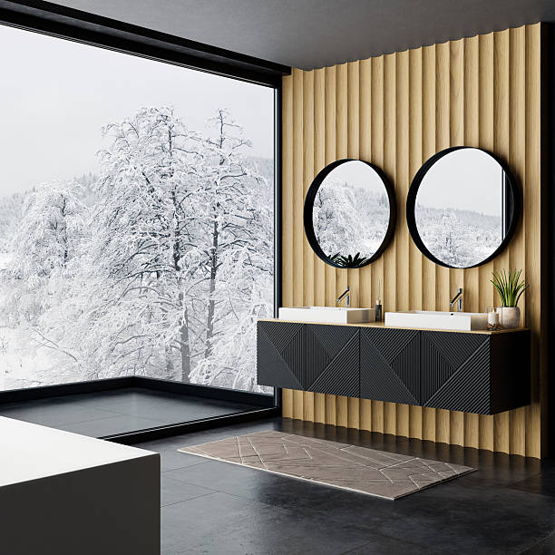 istock Modern Luxury Spa Bathroom Interior with Wood Paneling and Open View 2225111651