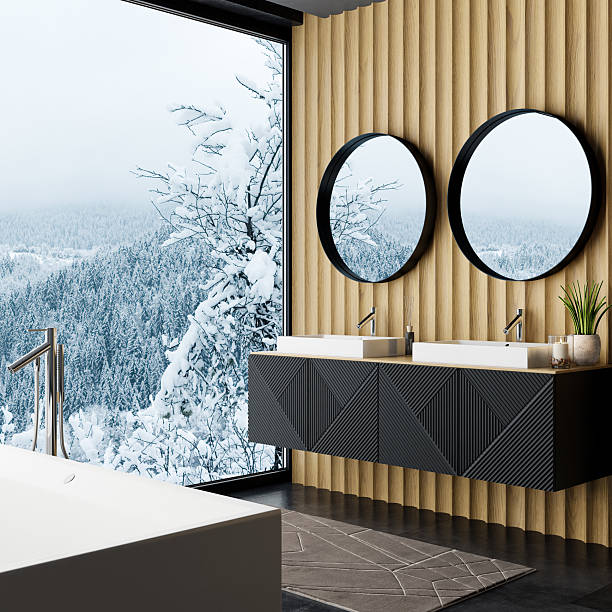 istock Modern Luxury Spa Bathroom Interior with Wood Paneling and Open View 2225111654