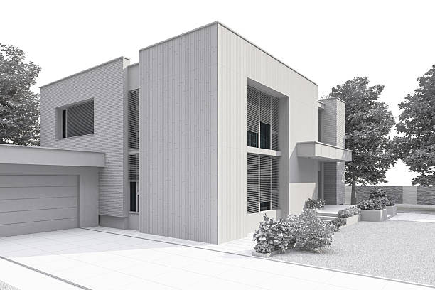 Minimalist white wireframe rendering of a contemporary two-story villa with separate apartment units and a spacious yard. The entire scene is presented as a clean, without textures architectural model — ideal for showcasing structure, massing, and design without distraction from materials. Perfect for use in architectural presentations, design competitions, planning proposals, or conceptual project showcases, with generous copy space for annotations or branding.