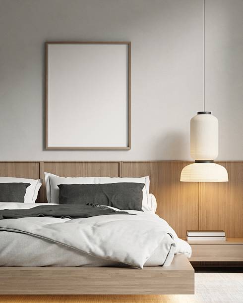 istock Modern Minimalist Bedroom with Wooden Platform Bed – Soft Ambient Lighting 3D Render 2225121603