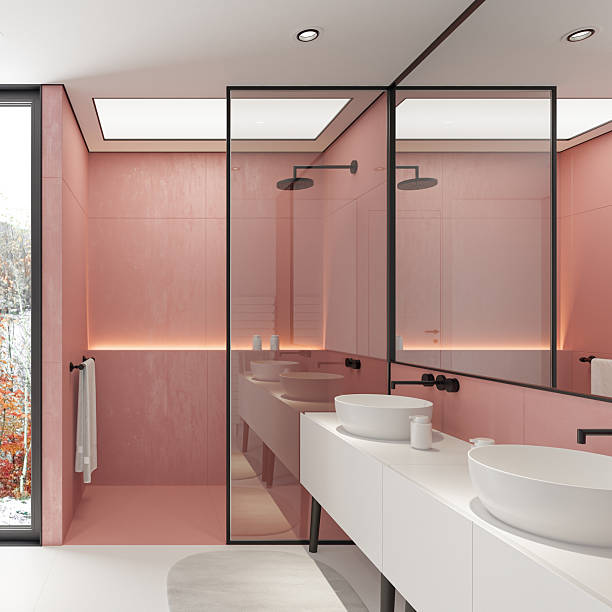 istock Modern Bathroom Interior with Walk-In Shower and Pale Red Tiled Walls 2225125295