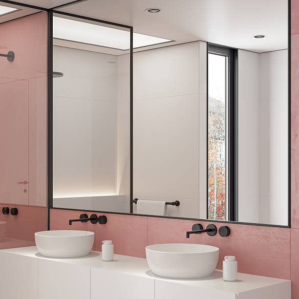 istock Modern Bathroom Interior with Walk-In Shower and Pale Red Tiled Walls 2225125309