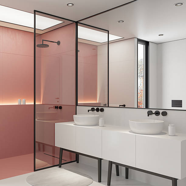 istock Modern Bathroom Interior with Walk-In Shower and Pale Red Tiled Walls 2225125313