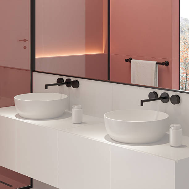 istock Modern Bathroom Interior with Walk-In Shower and Pale Red Tiled Walls 2225125316
