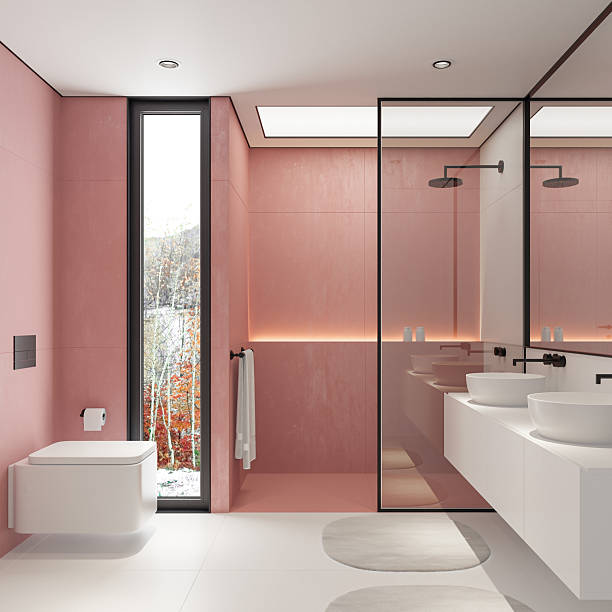 istock Modern Bathroom Interior with Walk-In Shower and Pale Red Tiled Walls 2225125321
