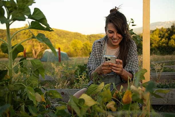 istock Young female farmer using mobile phone in vegetable garden. Stock image 2225129070