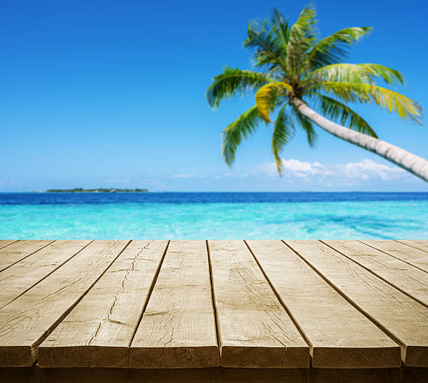 istock Empty wooden table with beautiful tropical turquoise sea and coconut palm tree background 2225130793