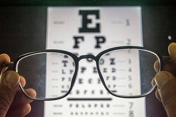 Hand holding eyeglasses in front of an eye chart, highlighting vision correction and optical clarity in a clinical setting. Perfect for themes of eye care, health, and examination