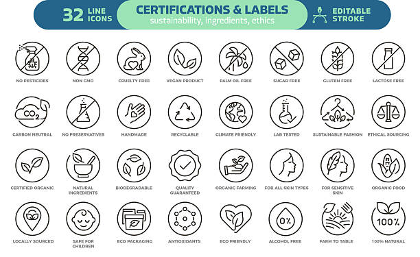 stockillustraties, clipart, cartoons en iconen met certifications and product label icon set. thin line editable stroke icons for sustainability, natural ingredients, ethical sourcing, organic food, clean beauty, eco packaging and non toxic products - veganist