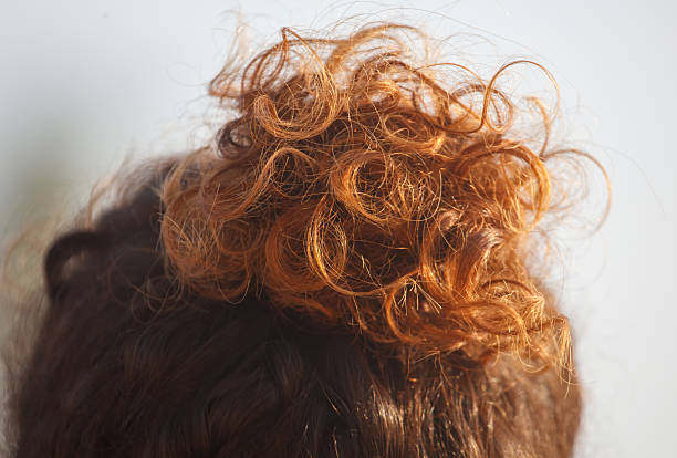 A woman with red hair has a messy bun on her head. The bun is styled in a way that it looks like it's been pulled back and is not neatly arranged. The woman's hair is curly and has a reddish hue