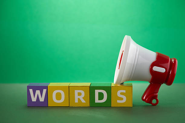 toy block with text words and megaphone against green background.