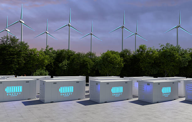 istock Energy storage systems with wind turbines, Net zero emissions concept. 3D illustration 2225148828