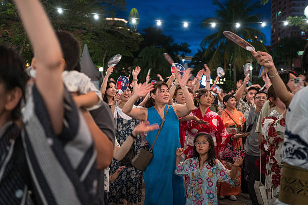 Kuala Lumpur, Malaysia - July 12th, 2025: Participants dancing in celebration during the 49th Bon Odori Festival held in Sunway City.