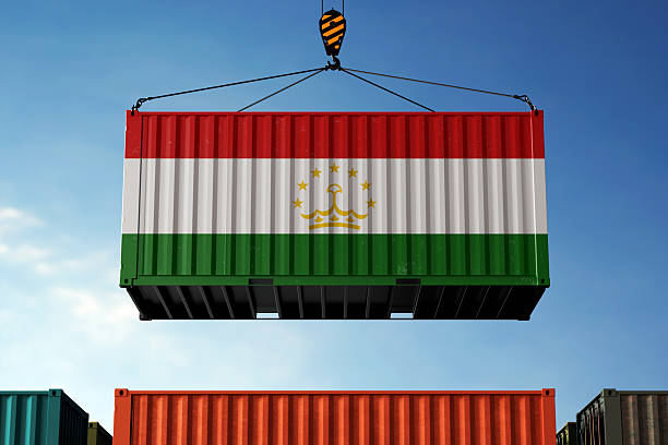 istock Tajikistan trade cargo container hanging against clouds background 2225149431