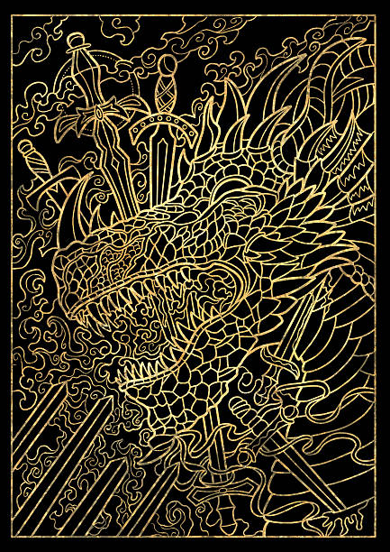 Fantasy textured illustration with swords and dragon head for coloring page, tattoo, print, tarot cards. Gothic, epic and vintage concept with mystic symbols