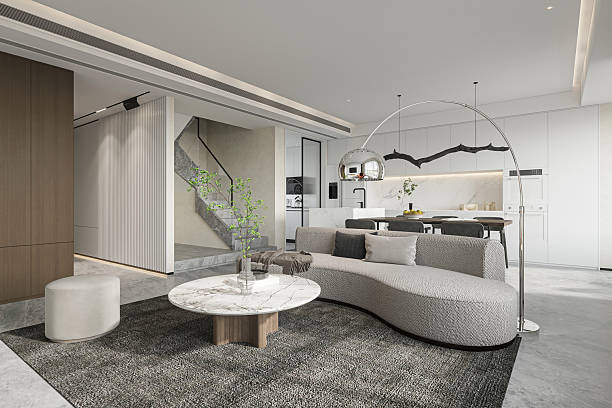 istock Chic Modern Living Space-Curved Sofa, Marble Table, and Open-Plan Design 2225151901