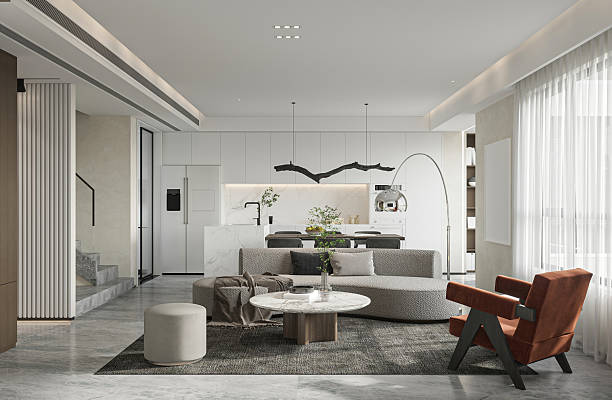 istock Elegant Open-Plan Living: Modern Sofa, Accent Chair, and Contemporary Kitchen View. 2225151978
